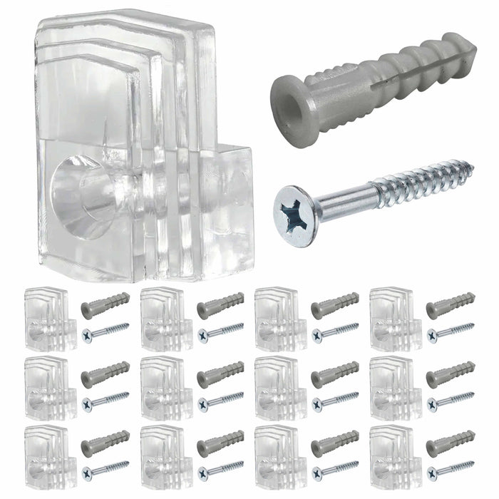 12 Clear Mirror Holder Clips Wall Mounting Transparent Brackets Screws Anchors