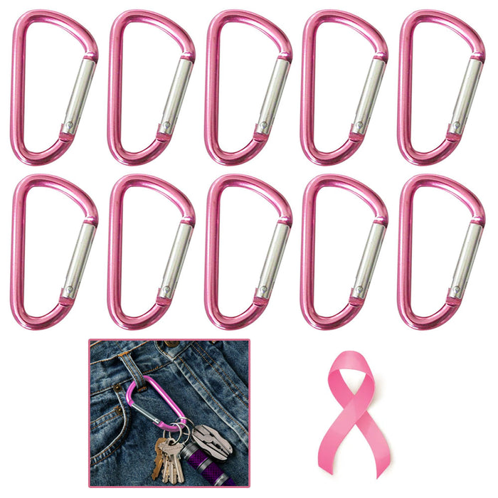 10 Pink Aluminum Carabiner 2" Breast Cancer Awareness D-Ring Snap Hook Keychain