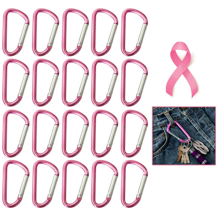 20 Aluminum Carabiner Pink Ribbon Support 2" D-Ring Snap Hook Keychain Keyring