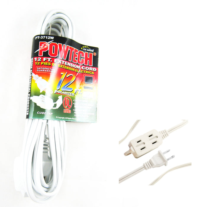 12 FT 3 Outlet Indoor Wall AC Extension Cord Cable Safety Switch White UL Listed