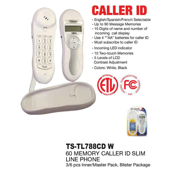 Corded Slim Line Phone Caller ID 90 Memory Office Desk and Wall Mount Telephone