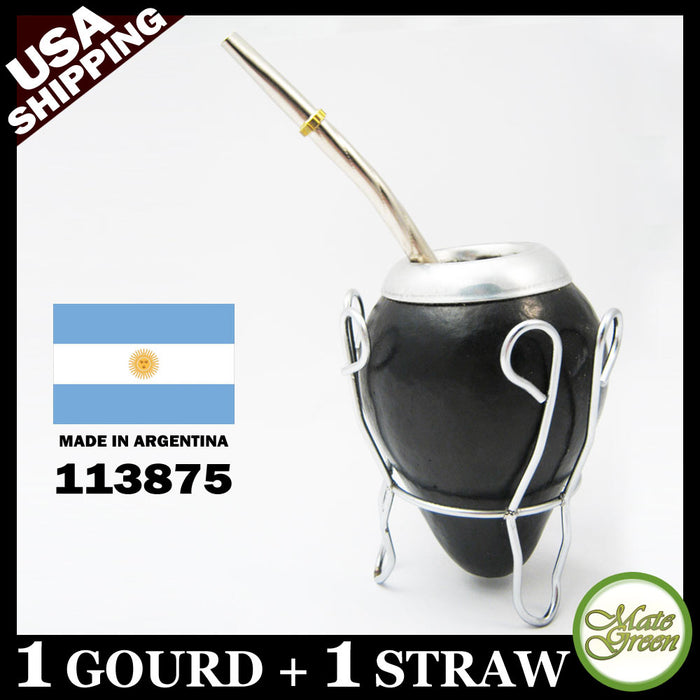 ARGENTINA MATE GOURD GREEN TEA STRAW BOMBILLA INFUSION CUP SILVER NEW SET B 3875