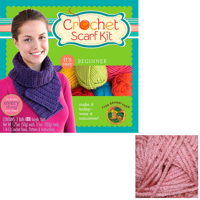 1 Beginner Easy Yarn Crochet Knitted Scarf Kit Dusty Rose Knit Handmade Kid Gift