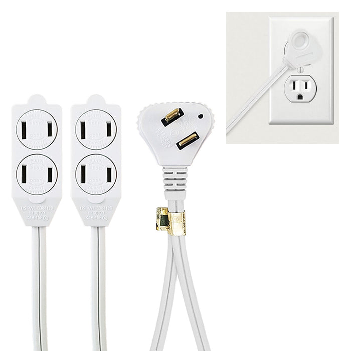1 Pc Twin 3-Outlet Tap 12Ft 2 Prong Cordset Flat Angle Plug Extension Cord White