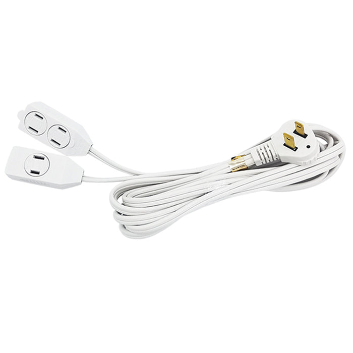 1 Pc Twin 3-Outlet Tap 12Ft 2 Prong Cordset Flat Angle Plug Extension Cord White