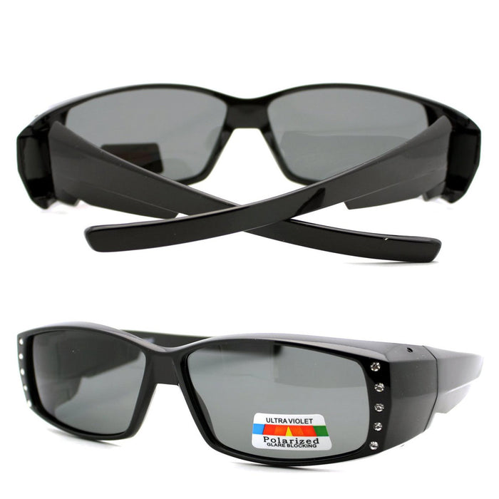 Womens Rhinestone Rectangular Polarized Fit Over Glasses OTG Sunglasses Driving