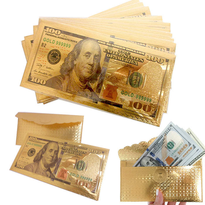 10 X $100 Dollar Bill Envelope Money Card Gift Gold Foil Plated Banknote Sleeve