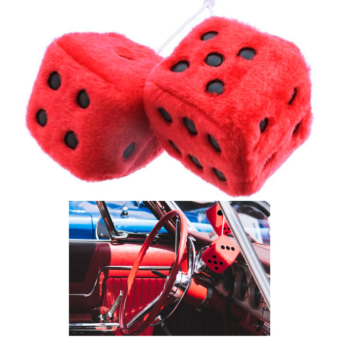 1 Pair Red Fuzzy Dice Vintage Car Plush Decor Hanging Rearview Mirror 2.25" Auto