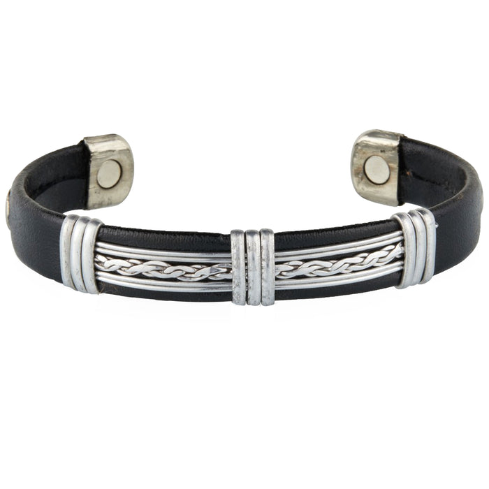 Unisex Leather Bracelet Bangle Cuff Black Adjustable Copper Magnetic Silver Tone