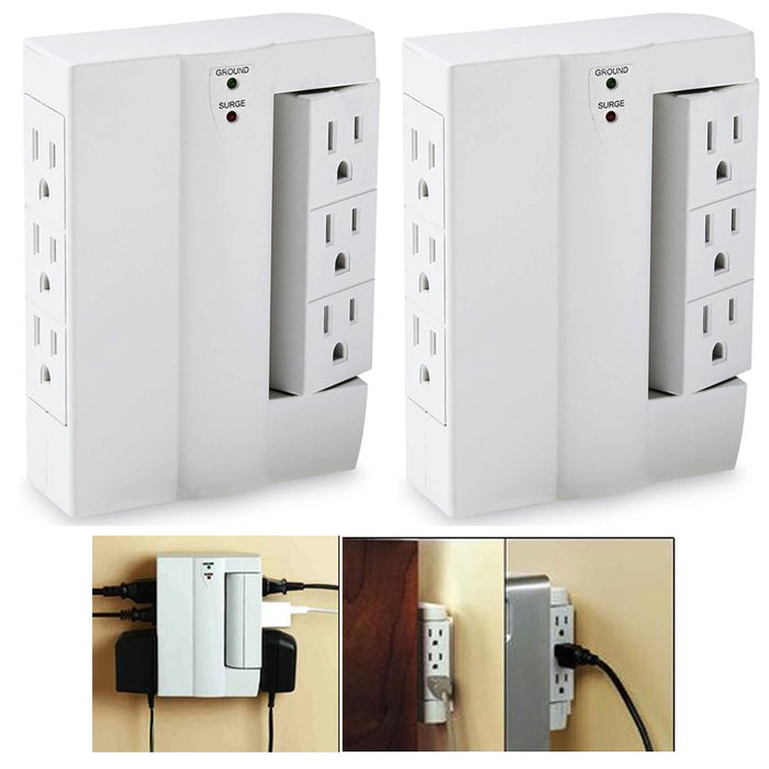2 Pc 6 Outlet Side Wall Tap Surge Protector Adapter Electrical Plug Grounded