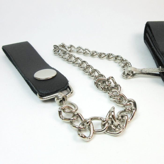 Black Genuine Leather Wallet Slim Bifold Trucker Biker Metal Chain Holder Unisex