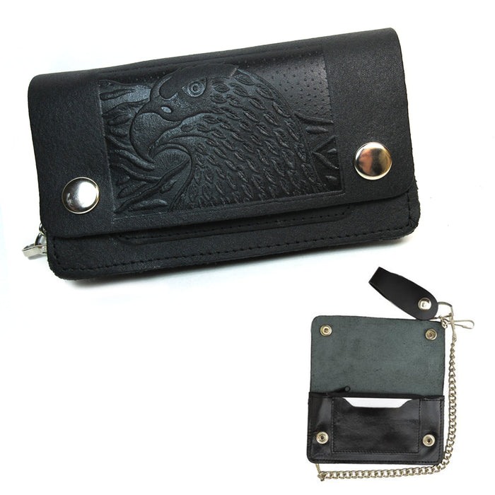 Black Genuine Leather Wallet Slim Bifold Trucker Biker Metal Chain Holder Unisex