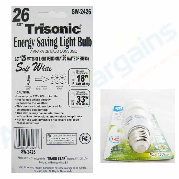3 Pc Light Bulbs CFL Soft White 26W 125 Watt Fluorescent Energy Saving Lighting