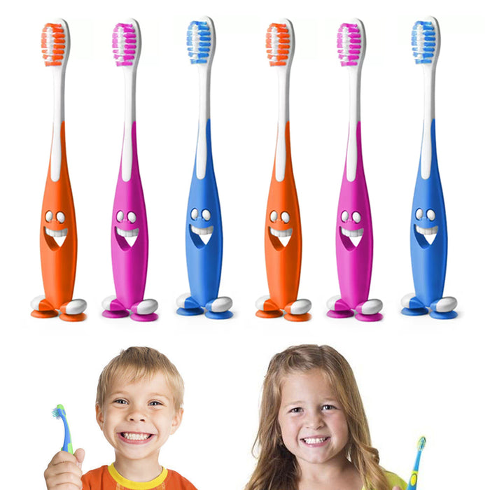 6 Set Happy Smiley Toothbrush Set Suction Cup Stand Soft Bristles Kids Oral Care