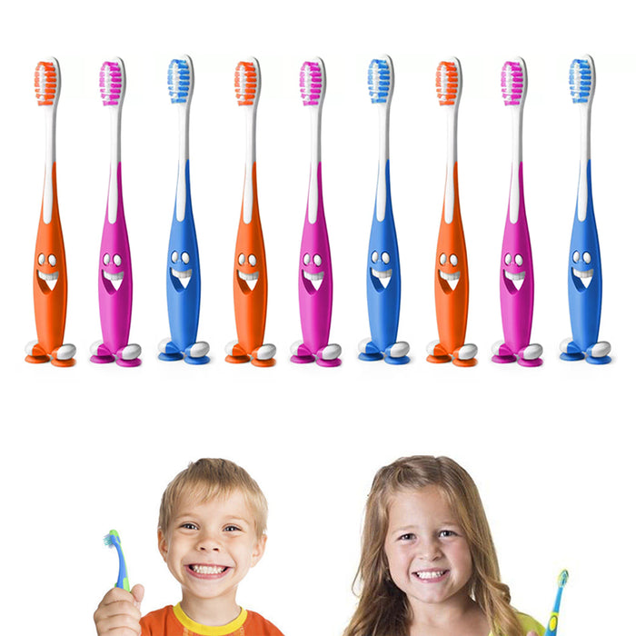 9 Pack Happy Smiley Toothbrush Lot Soft Bristles Suction Cup Stand Kid Oral Care