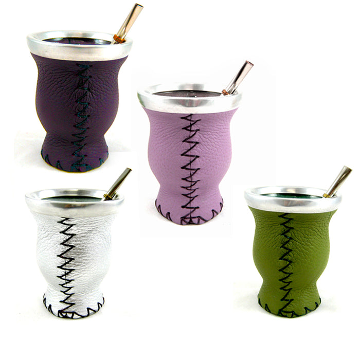 Metallics Colours Mate Gourd Leather Glass Bombilla Straw Argentina Gaucho Diet Tea Drink New 4477