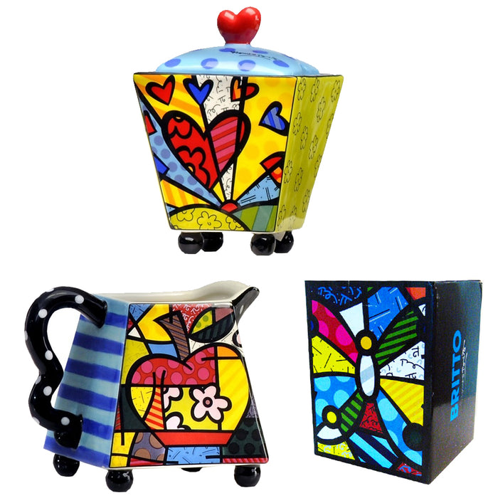 New Romero Britto Creamer and Sugar Set Ceramic Cream Coffee Bowl Collection NIP