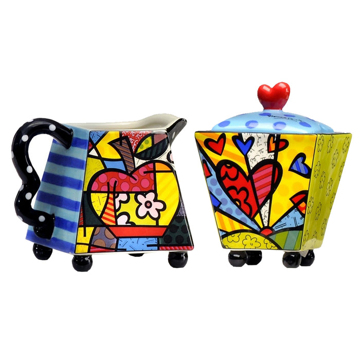 New Romero Britto Creamer and Sugar Set Ceramic Cream Coffee Bowl Collection NIP