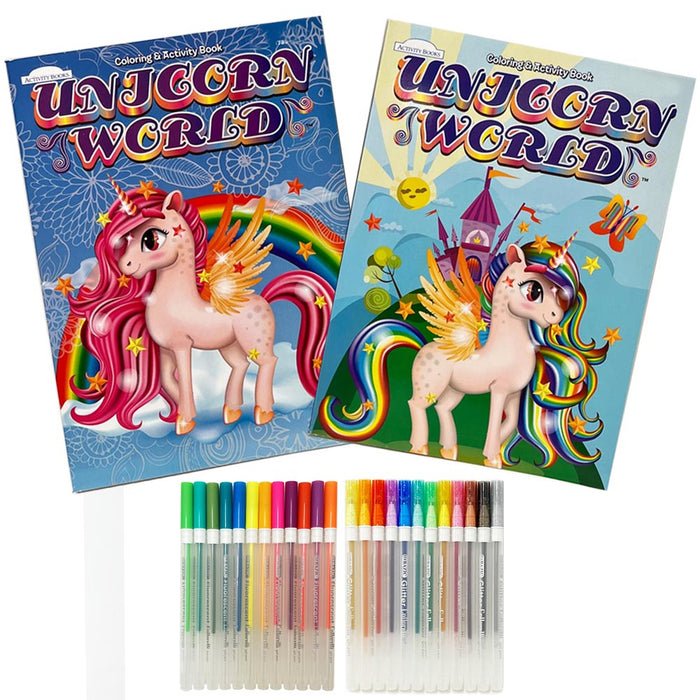 26Pc Activity Coloring Books Set Unicorn Glitter Gel Color Pens Kids Drawing Kit