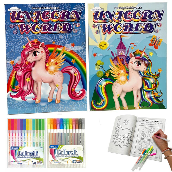26Pc Activity Coloring Books Set Unicorn Glitter Gel Color Pens Kids Drawing Kit