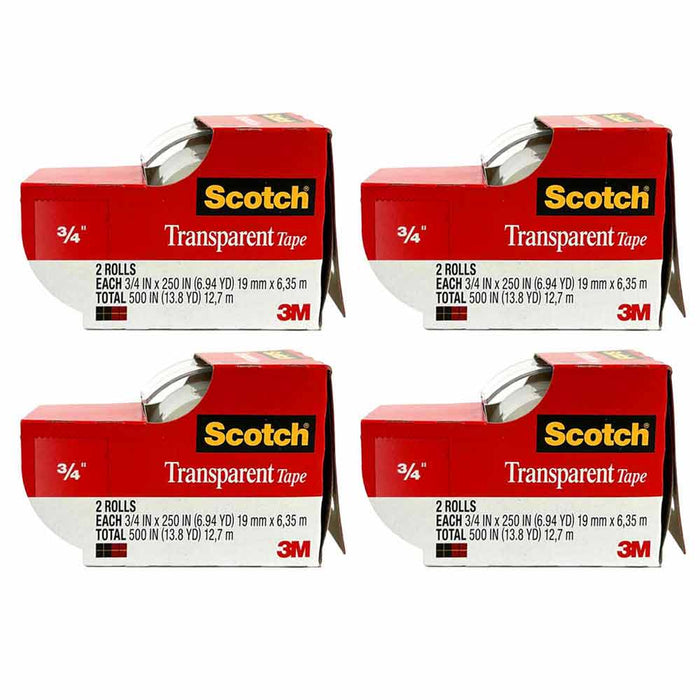 8 Pack Scotch Transparent Tape Rolls Dispenser Cutter Clear Office Home 3/4x2000