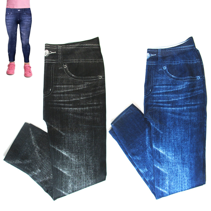 2 Girls Jegging Leggings Ballerina Stretch Denim Jeans Look Blue Black Kid S/M