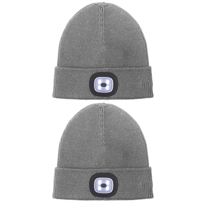 2X Beanie Caps 4 LED Flashlight Hat Hands Free Warm Headlights Rechargeable Wool