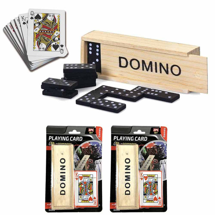 2 Pack Playing Cards and Domino Game Set Family Games Night Wooden Box Classic