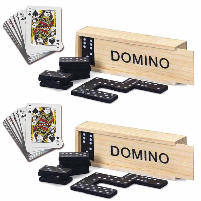 2 Pack Playing Cards and Domino Game Set Family Games Night Wooden Box Classic