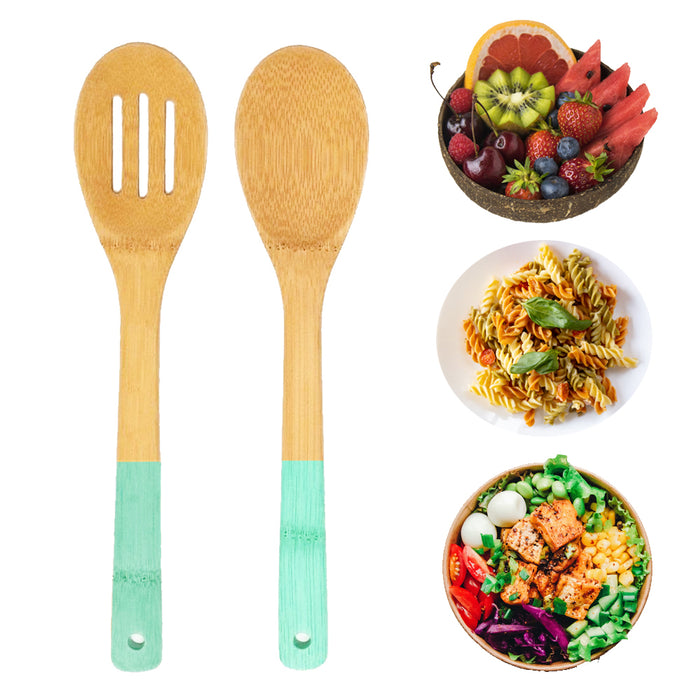 2 Pack Bamboo Cooking Spoon Set Non-Stick Safe Wooden Utensils Pasta Salad Serving