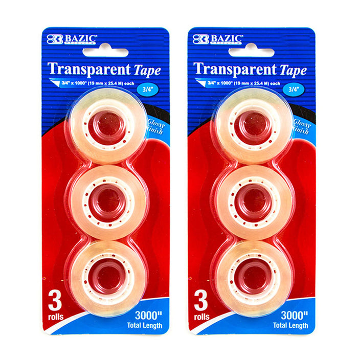BAZIC Tape Dispenser w/ 6 Clear Rolls 3/4" x 1000" Refill Value Pack 1" Core NEW