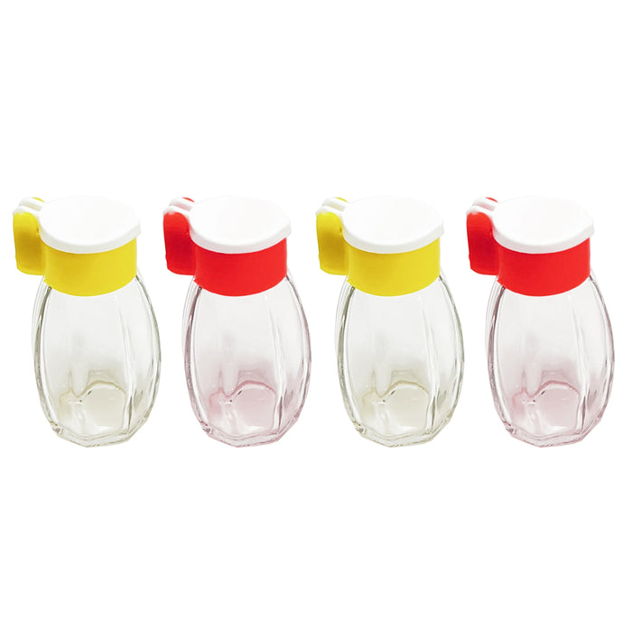 4 Salt & Pepper Shakers Glass Storage Bottles Flip Lids Kitchen Spice Containers