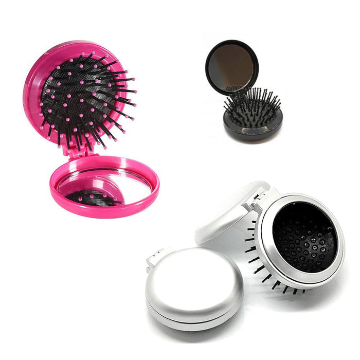 3 Pk Folding Hair Brush W/ Mirror Compact Pocket Size Travel Car Purse Bag Gifts