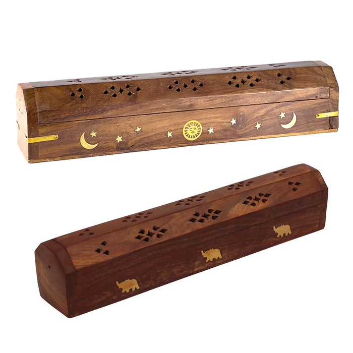 1 Pc Wood Incense Burner Holder Box Ash Catcher Sticks 12" Design Burning Joss