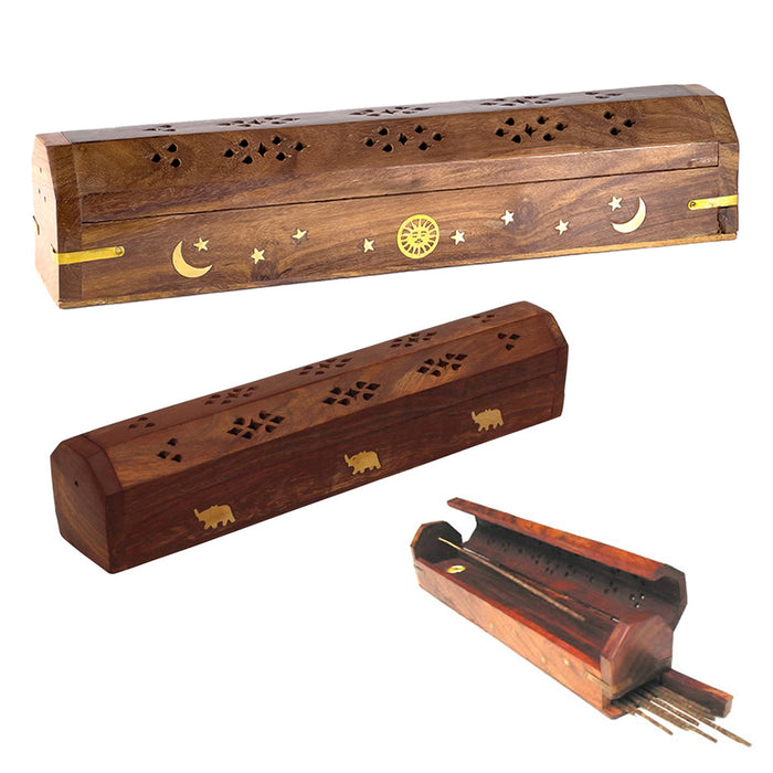 1 Pc Wooden Incense Burner Box Coffin Hinged Style Burning Sticks Cones 12 inch