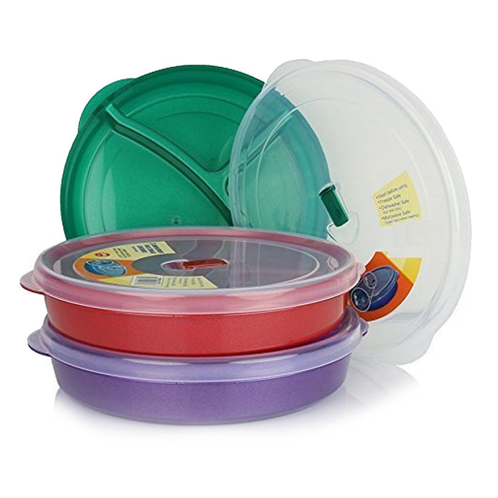 Healthy Portion Control Plate BPA Free 3-Section w Lid Dishwasher Microwave Safe