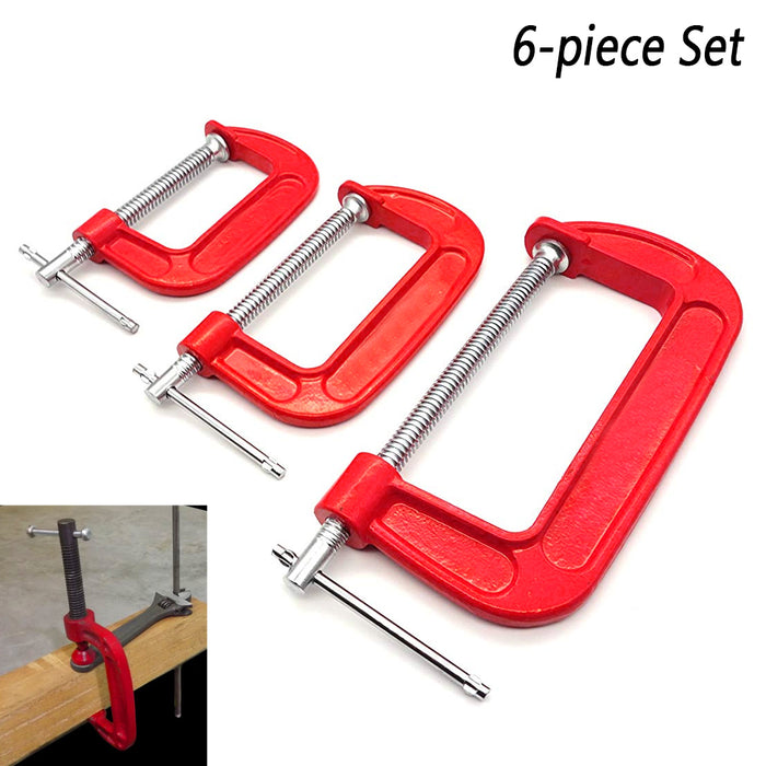 6pc C Clamp Set 3-Inch 2-Inch 1-Inch Red Woodworking Welding Building Adjustable