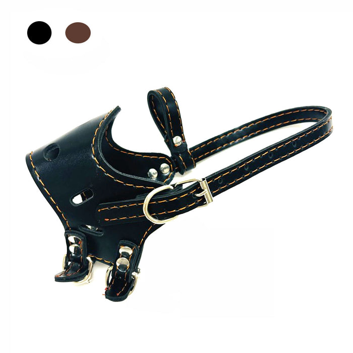 1 Medium Dog Muzzle Adjustable Leather Strap Pet Grooming No Bark Bite Brown