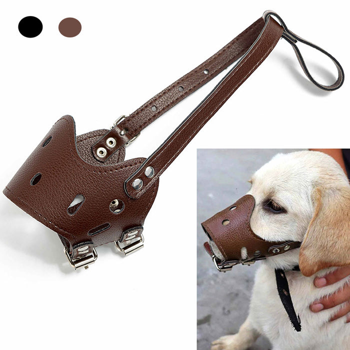 1 Medium Dog Muzzle Adjustable Leather Strap Pet Grooming No Bark Bite Brown
