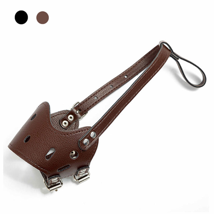 1 Medium Dog Muzzle Adjustable Leather Strap Pet Grooming No Bark Bite Brown
