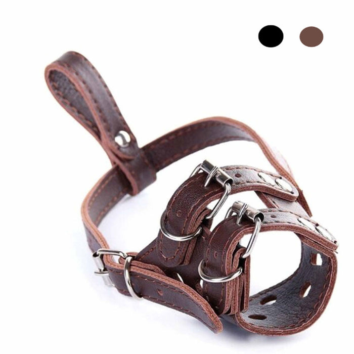 1 Medium Dog Muzzle Adjustable Leather Strap Pet Grooming No Bark Bite Brown