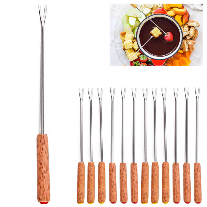 12 x Fondue Forks Steel 9.5" Wooden Handle Dipping Marshmallow Roasting Utensils