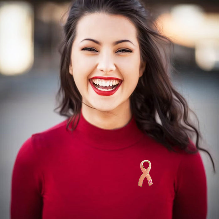 6 Breast Cancer Awareness Pink Ribbon Label Pin 18kt Gold Crystal Brooch Women