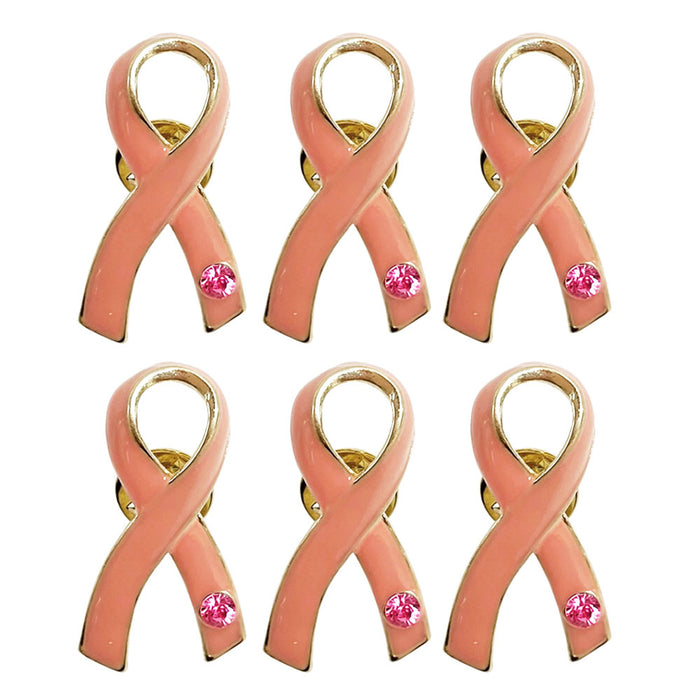 6 Breast Cancer Awareness Pink Ribbon Label Pin 18kt Gold Crystal Brooch Women