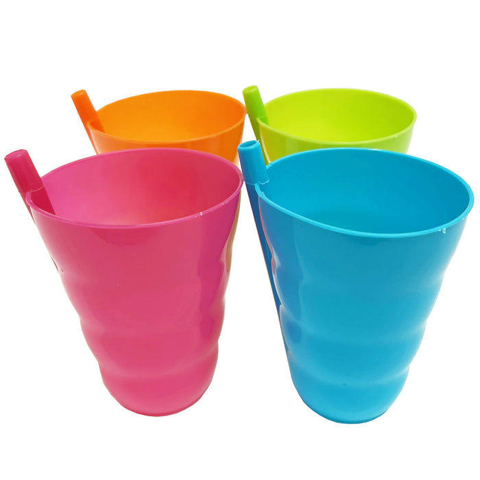4 Set Cup With Straw 8 oz. Plastic Cup with Built in Straw Kids Assorted Colors