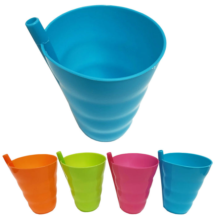 4 Set Cup With Straw 8 oz. Plastic Cup with Built in Straw Kids Assorted Colors