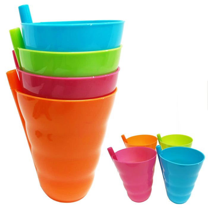 8 Plastic Cup with Built in Straw Sip Dishwasher Safe Assorted Colors Drink Kids