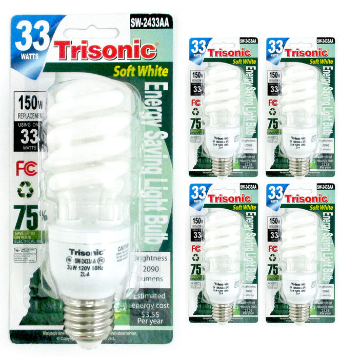 4 Pc 150 W CFL Fluorescent Light Bulbs Compact 33 Watts Soft White Energy New