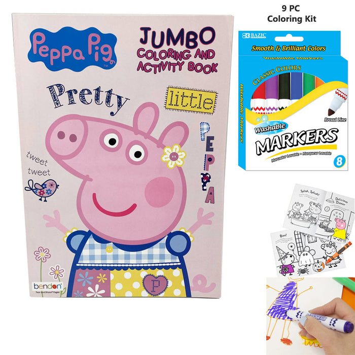 9PC Peppa Pig Coloring Book Kit Washable Markers Drawing