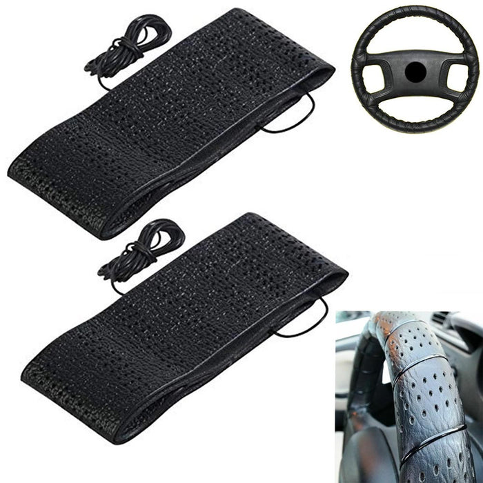 2 Black Lace-On Cover Grip Steering Wheel Stretch Vehicle Auto Classic Accessory